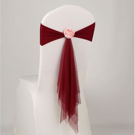 50pcs Noeuds de Chaise Fleur Elastique Bande Chaise Décor Housse de Chaise Hôtel Décor Mariage Fête Soirée, Vin rouge + Fleur Rose (1/4)