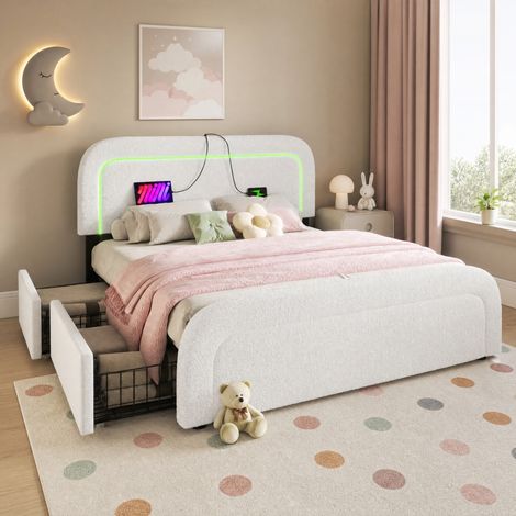 Polsterbett 160/200 cm Weiß mit LED, USB-C und 4 Schubladen (1/5)