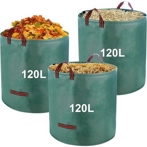 3 x 120L Grünschnitt-Gartensäcke mit Griffen, faltbar und wiederverwendbar, geeignet für Unkraut, Laub und Abfall (1/5)