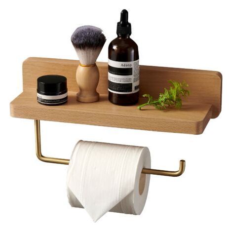 Double Installation Toilet Paper Holder, Solid Beech Wood, Wall-Mounted Self-Adhesive Toilet Paper Holder with Rounded Corners, Decorative Paper Roll Holder for Bathroom and Kitchen (Beech) (1/5)
