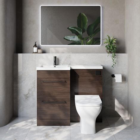 Napoli 390 Brown Oak 1000mm 2 Drawer Vanity Unit Toilet Suite with Left Hand Square Lucia Basin - 1000mm - Matt Black 320mm HandleWith Kingston Toilet Pan and Seat