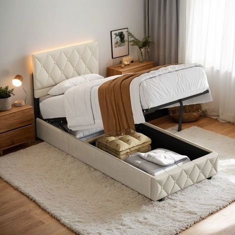 Cama individual 90x190 cm, estructura de metal con cabecero ajustable, somier con lamas, terciopelo beige (sin colchón) (1/5)