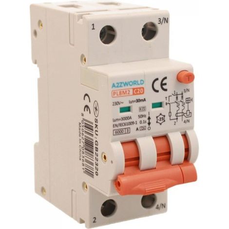 RCBO Interruttore Magnetotermico Differenziale Con Doppia Leva Tipo A Curva C 2P 2M 6000A 30mA, Diagnostica Visiva, C20A  AC 230V IP20 IEC61009-1 PL8M2 GB65320
