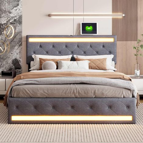 Lit coffre 140x200 avec LED et Ports USB,Lits 2 Personnes avec 4 tiroir,Tête de lit réglable,Lit capitonné avec sommier à lattes,Lit Double,pour Adultes et Adolescents,Lin,Gris foncé (1/5)