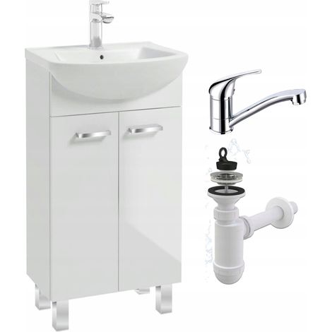 Waschtisch mit Waschbecken – 45 cm – Hochglanzweiß – Schwenkbarer Wasserhahn – Badezimmermöbel