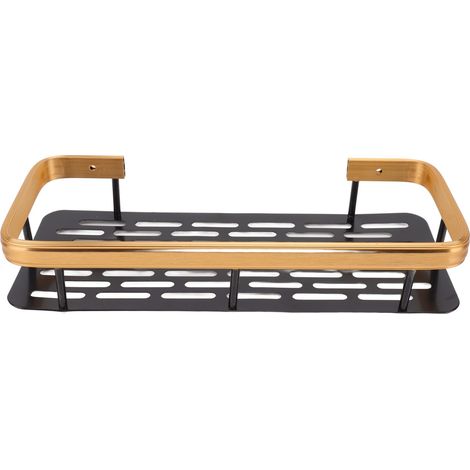 Étagère de douche à un niveau en aluminium durable antirouille avec autocollant, pour salle de bain, chambre, cuisine, noir et or. (1/5)