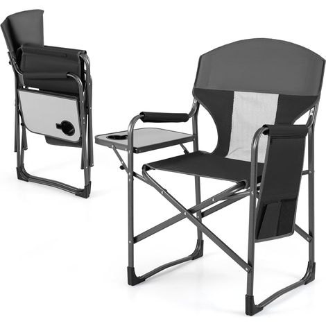 COSTWAY Chaise Pliante Camping avec Table Latérale, Sac Rangement, Poches, Chaise de Peche, Dossier Maille, Cadre en Métal, Fauteuil pour Pique-Nique Plage, Charge 180 kg, 83 x 50 x 101 cm (Noir) (1/5)