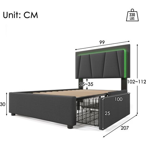 Lit 90x200cm avec éclairage LED, 2 tiroirs, tête de lit ajustable en hauteur, sommier à lattes en bois gris, sans matelas