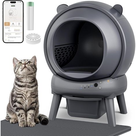 Litière chat autonettoyante capacité maximale de 65l, bac à litière pour chat alerte intelligente via contrôle app, surveillance santé, capteur infrarouge, adapté à de nombreux types de litière
