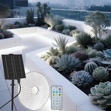 Bande LED solaire extérieur 10 m, flexible, télécommande, 8 modes, 640 LED, IP68 – jardin, parasol, clôture, maison, avant-toit (1/5)