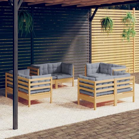 8-tlg. Garten-Lounge-Set mit Grauen Kissen Kiefernholz (1/5)
