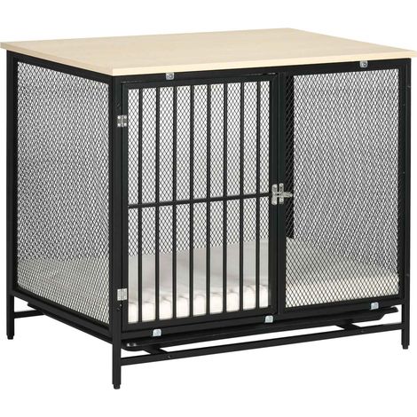 Jaula para perros, caseta para perros con mesa, caseta para perros con cojín, bandeja de suelo extraíble, caja para perros, roble + negro, 80 x 55 x 71 cm