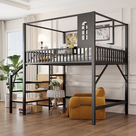 MODFU – Lit mezzanine 140x200 cm – Escalier rangements, penderie – Hauteur sous lit 135 cm – Métal – Noir (1/5)