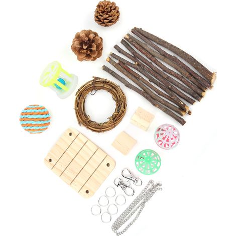 Ensemble de 11 jouets en bois naturel pour l'entretien des dents des hamsters, cochons d'Inde, lapins et autres petits animaux. (1/5)