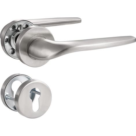 Poignée de Porte Nickel, Forme en L, Garniture de Prothèse en Acier Inoxydable Brossé Mat, Poignée pour Porte d'Entrée et Porte Intérieure, Rosace Ronde, PZ - Cylindre de Profil (1/5)