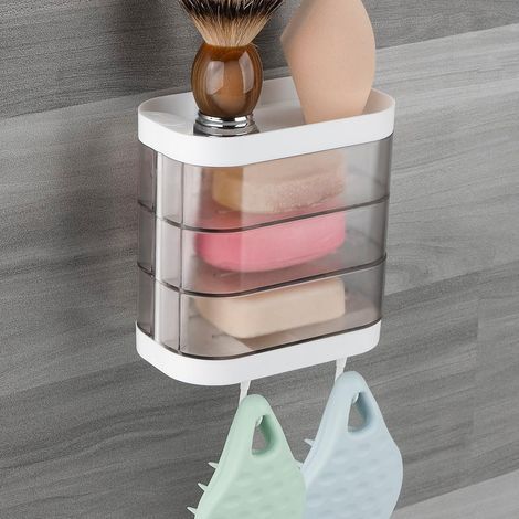 Jabonera de pared de 3 niveles con 2 ganchos, soporte giratorio de 180 grados, a prueba de polvo, organizador de almacenamiento para baño, ducha y cocina (transparente). (1/5)