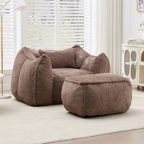 Sillón puff gigante de piel sintética con cojín y ottoman, caqui OKMYHOME (1/5)