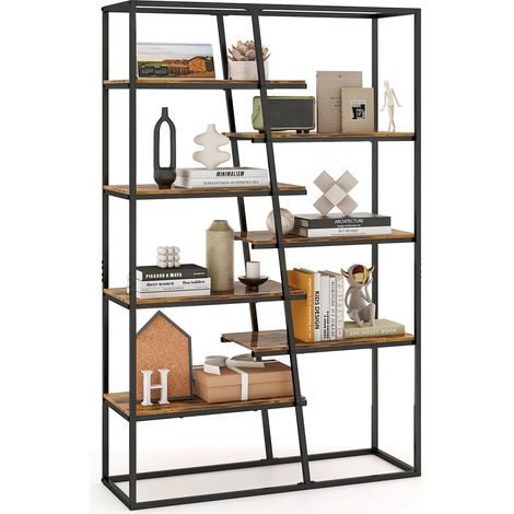 COSTWAY Tall Bookshelf 7-Tier Industrial Etagere Bookcase Display Rack-Brown (1/5)