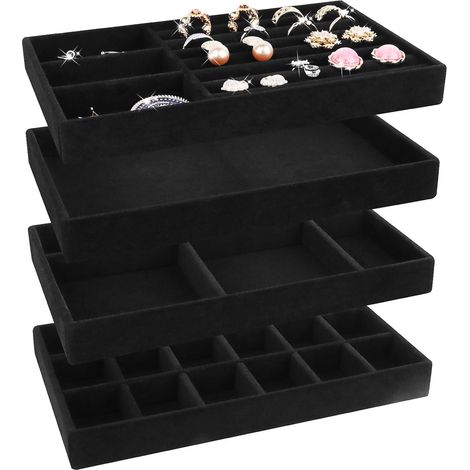 Ensemble de rangement pour bijoux 4 pièces, organisateur de tiroir empilable, idéal pour ranger boucles d'oreilles, bracelets, colliers, montres, cosmétiques, bagues et autres bijoux. Noir. (1/4)