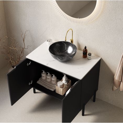 Badmöbel mit Waschbecken 76 cm, schwarz, 2 Türen mit Soft-Close HAVRYA (1/5)
