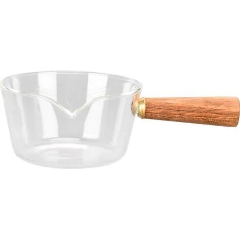 Pot à lait en verre avec poignée en bois et bec verseur en V, 400 ml, accessoire de cuisine.