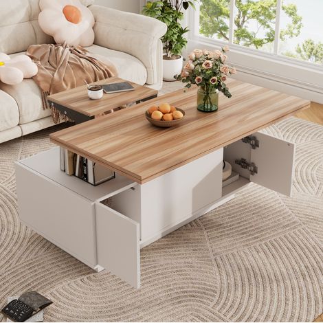 Table basse relevable 100x50x55.5 cm blanche en panneau de particules avec rangement caché et double plateau (1/5)