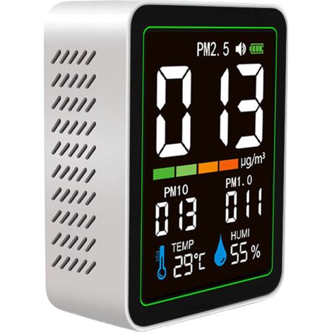 Monitor de partículas para interiores 5 en 1 con sensor láser, seguimiento de PM1.0, PM2.5 y PM10, visualización de temperatura y humedad, pantalla LCD a color, recargable mediante USB-C, formato port
