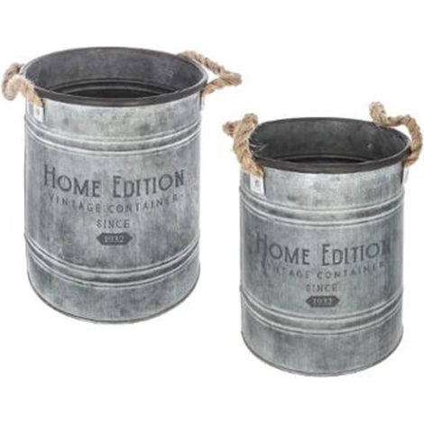Atmosphera – Lot de 2 seaux en métal gris 25cm – Zinc décoratif avec double anse en corde – Pour rangement et décoration intérieure/extérieure (1/3)