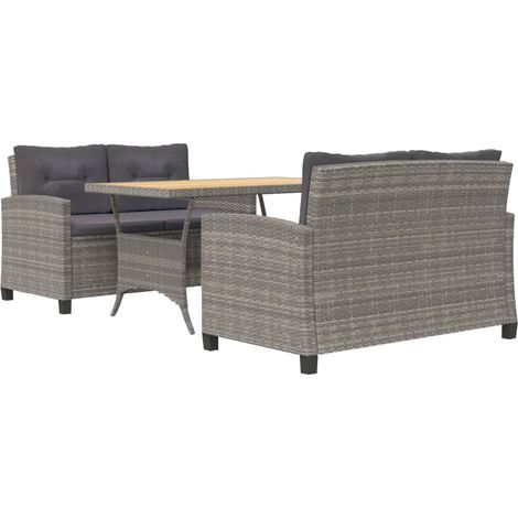 Set da pranzo per mobili da giardino, mobili da esterno in 3 pezzi e cuscini in resina intrecciata grigia 020014270