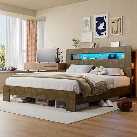 Lit plateforme - CIPACHO - 180 x 200 cm - Tête de lit avec rangement - LED intégrée - Prises intégrées (1/5)