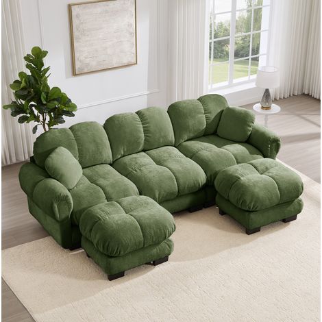 3-Sitzer U-Form-Sofa aus Chenille mit beweglicher Ottomane und 2 Zierkissen, grün HAVRYA (1/5)