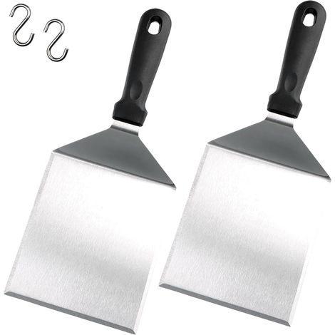 Spatule Plancha - Lot de 2 - Acier Inoxydable - Bord Tranchant et Biseauté - Barbecue et Cuisine - 15x13 cm (1/5)