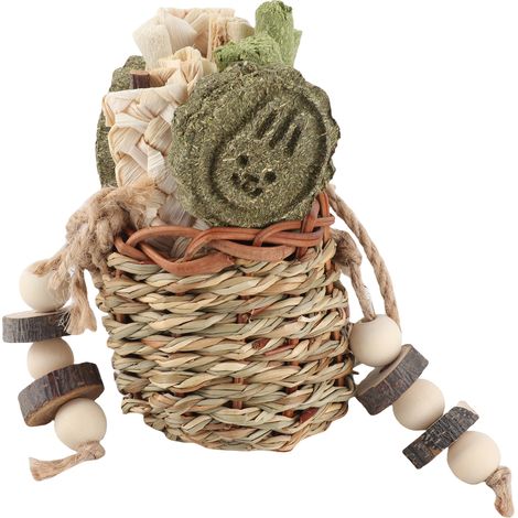Jouets à mâcher pour hamsters, paniers suspendus en paille, jouets à mâcher pour lapins, bâtonnets en bois et jonc de mer, jouets à mâcher pour petits animaux (1/5)