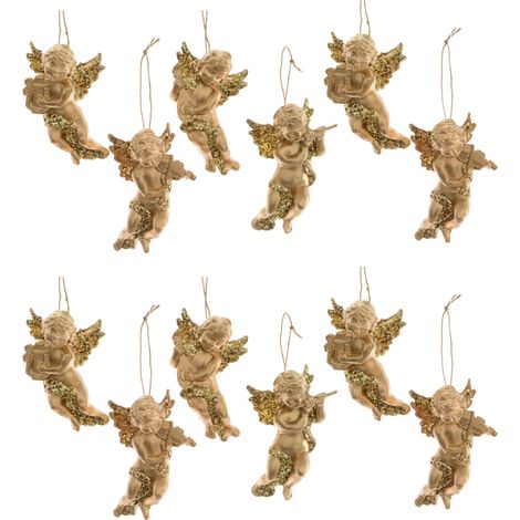 OFFERTA 12 ANGIOLETTI CON GLITTER DA APPENDERE 10CM ORO MODELLO ASSORTITO DECORAZIONI ADDOBBI NATALE