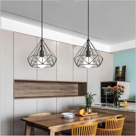Lot de 2 Lampe Suspension Luminaire Industrielle en Cage Diamant Noir Lustre Plafonnier Style Vintage Fer Forge pour Salon (1/4)
