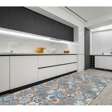 Tappeto Passatoia da Cucina Larghezza 100 Cm Antiscivolo antimacchia Lavabile in Lavatrice Multiuso, Cucina, corridoio Soggiorno Esagoni celeste - 100x100cm (1/2)