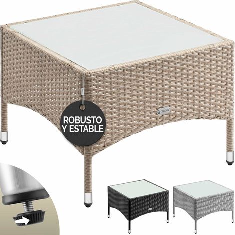 CASARIA® Mesa Auxiliar Poliratan Resistente a la intemperie Altura Ajustable Exterior Tapa de cristal 80kg de capacidad de carga Jardín Balcón Terraza Mesa de salón M2 - 58x58x42cm (de)