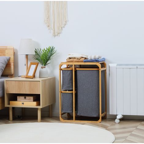 Cesta para la ropa (50x32x69,7 cm), con 3 bolsas extraíbles, balda superior, bambú, poliéster, natural (1/5)