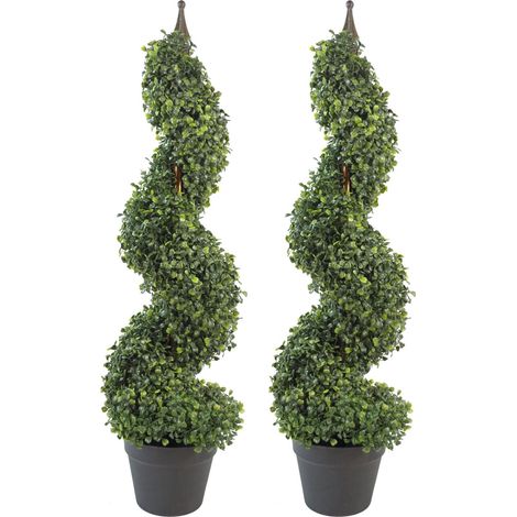 Pair of 90cm (3ft) Tall Artificial Boxwood Tower Trees Topiary Spiral Metal Top (1/5)