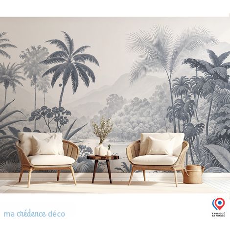 Papier peint : Fresque tropicale et montagne 3 - Intissé - L.200 x H.280 cm - Vert émeraude (1/3)