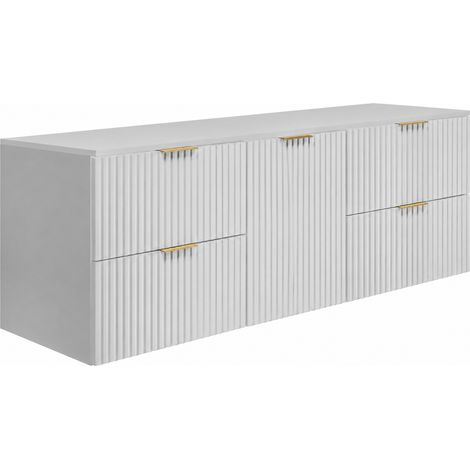 Mobile sottolavabo sospeso 160 cm, 4 cassetti, 1 anta, chiusura ammortizzata, cesto portabiancheria, Bianco, maniglie dorate, 160 x 46 x 57 cm (1/5)
