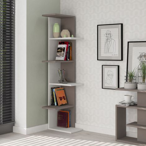 Decortie Saso Modern Corner Bookcase Display Unit Medium 141cm - White / Mocha Grey (1/4)