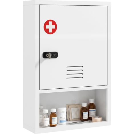 Armoire à pharmacie murale avec serrure à combinaison et clé, 3 niveaux, verrouillable, blanche