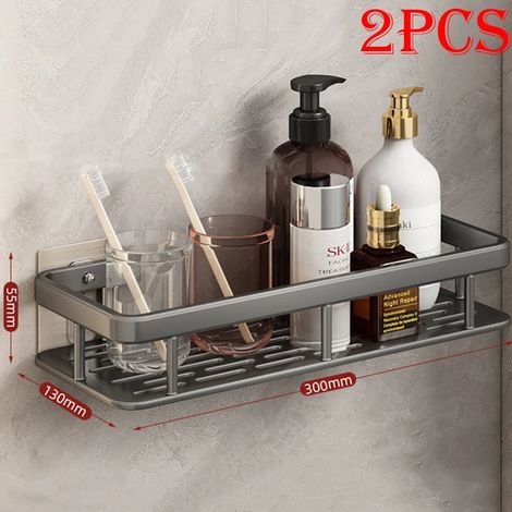 (gris-B-2 pièces) Étagère murale rectangulaire pour salle de bain, porte-serviettes, porte-shampoing mural, support trépied sans perçage. (1/5)