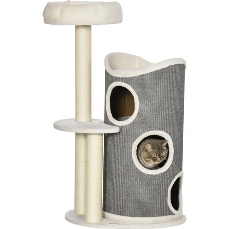Árbol rascador para gatos de 109 cm con tonel rascador, cama y postes de sisal blanco y gris HOMVRA (1/5)