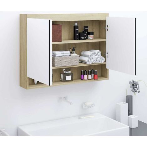 Armoire murale de salle de bain à miroir - Meuble de rangement 80x15x60cm MDF Blanc et chêne BV422251 - BonneVie (1/5)