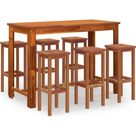 Set de 1 Table et 6 Tabourets de bar de jardin, Ensemble Table et Chaises Bois d'acacia solide OIB5711E (1/5)