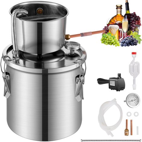 VEVOR Destilador de Alcohol, de Acero Inoxidable de 11,4 L, Kit de Fermentación para Refinación de Cerveza Casera con Termómetro de Doble Pantalla, para Vino, Whisky, Brandy, Plata, Φ 250 x 360 mm (1/5)
