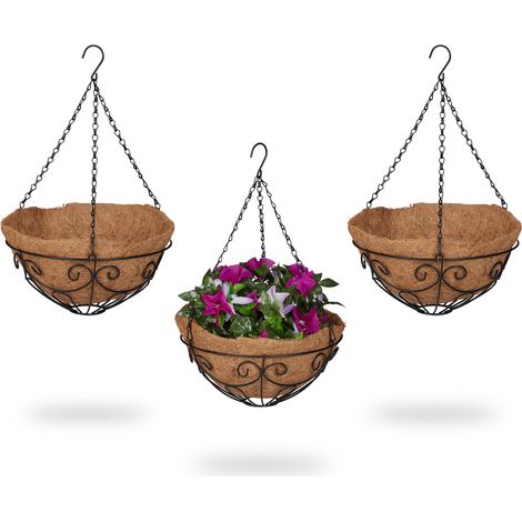 Relaxdays Hanging Basket, Set of 3, Hook, Coconut Fibre Liner, H x D: 48 x 31 cm, Metal, Brown/Black