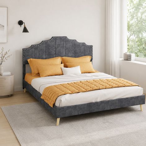 Cama de matrimonio 200x140x133 cm, cabecero geométrico, estructura de listones, tejido y metal, gris (1/5)